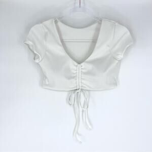 Zaful Ribbed V-Neck Short Sleeve Cropped Top White Size 8